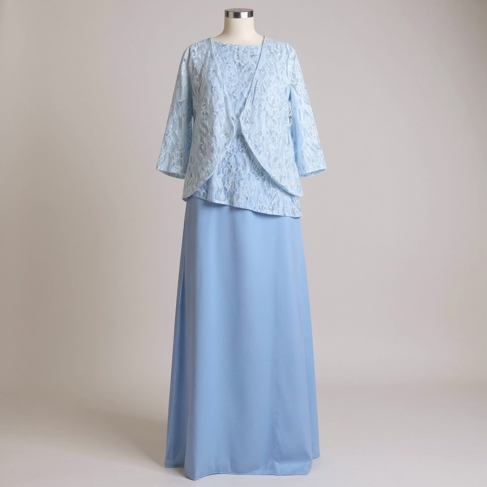 Benzde Mother of Bride Blue Shimmer Rhinestone Lace Overlay Jacket Chiffon Dress